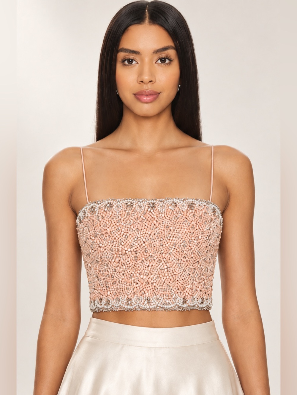 Alice + Olivia Blush Pink Crystal & Pearl-Embellished Crop Top